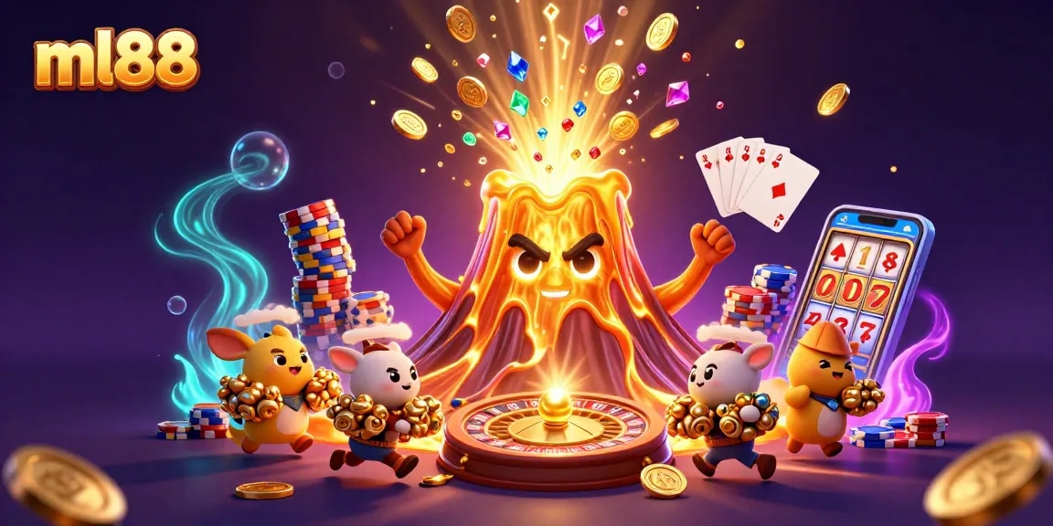 Spin the reels at ml88 while a golden volcano erupts treasure in this vibrant 3D casino scene.