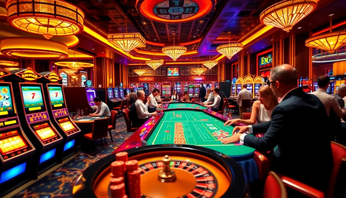Gamble at the luxurious tables featuring games from https://f1682.email/ with vibrant poker chips and slot machines.