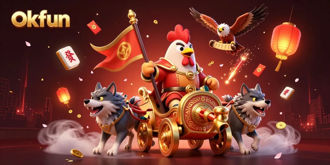 Engage in the world of okfun with a dynamic illustration showcasing a rooster warlord in a golden chariot, embodying excitement and fortune.