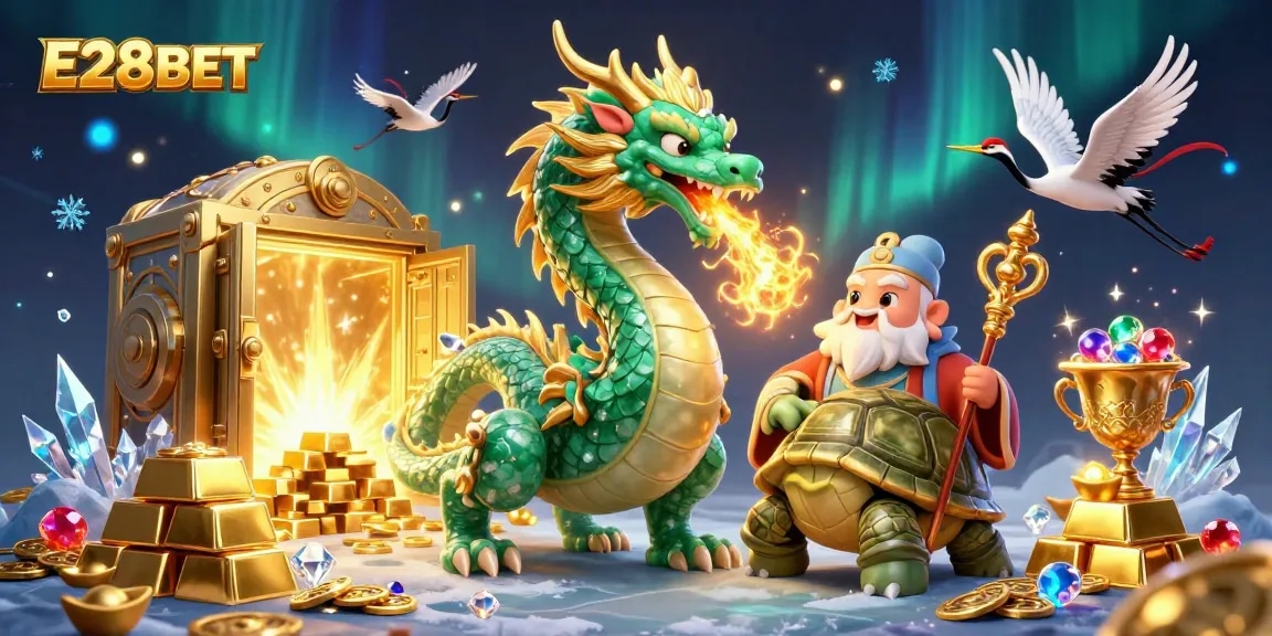 E28BET lets you experience the excitement of a massive jade dragon and treasures in this casino-themed illustration.