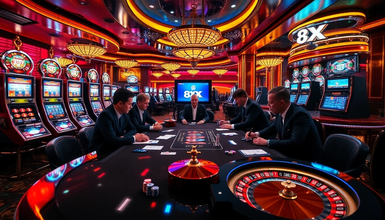 Engaged players at a dynamic poker table in a luxurious casino setting featuring 8XX promotions.