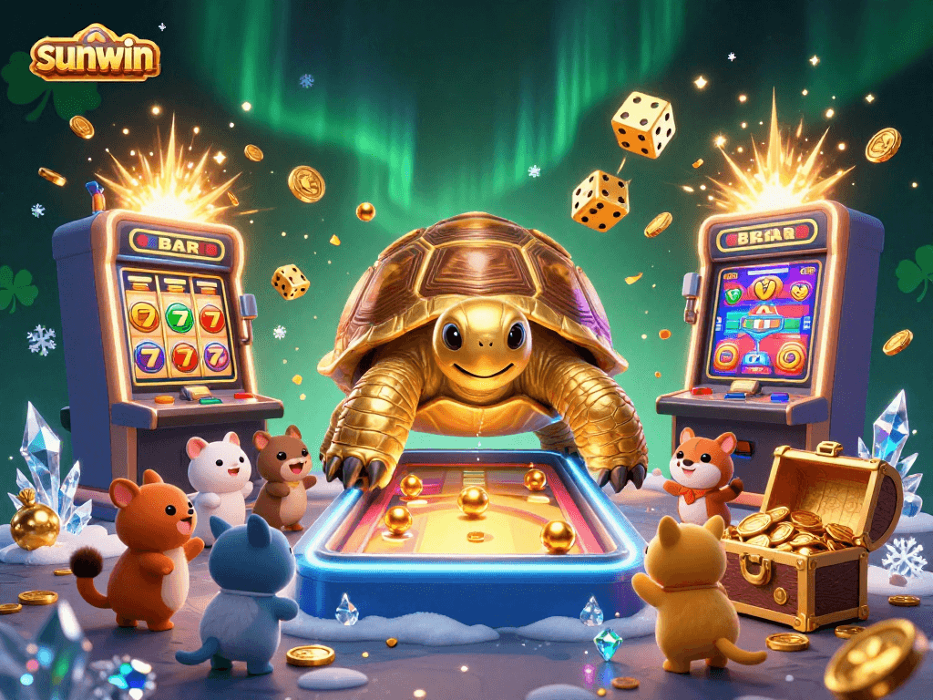 Experience sunwin's thrilling casino atmosphere with a golden tortoise in a vibrant jackpot scene.
