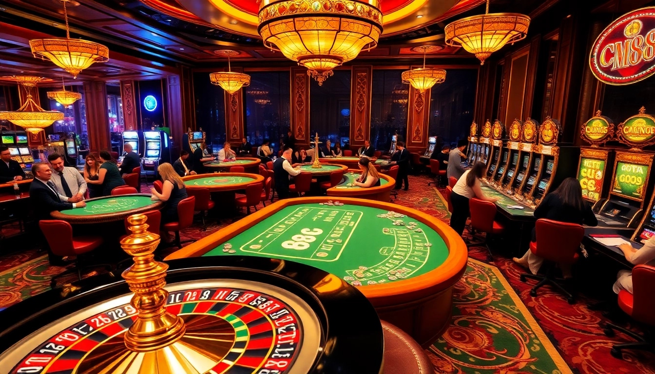 Players engage in thrilling casino games surrounded by CM88-themed decor and luxurious visuals.