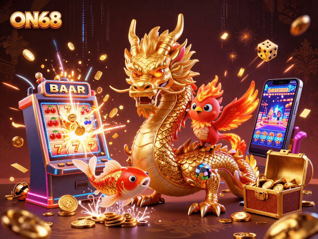Experience ON68 with a powerful dragon and phoenix amidst a vibrant casino scene filled with winning elements.