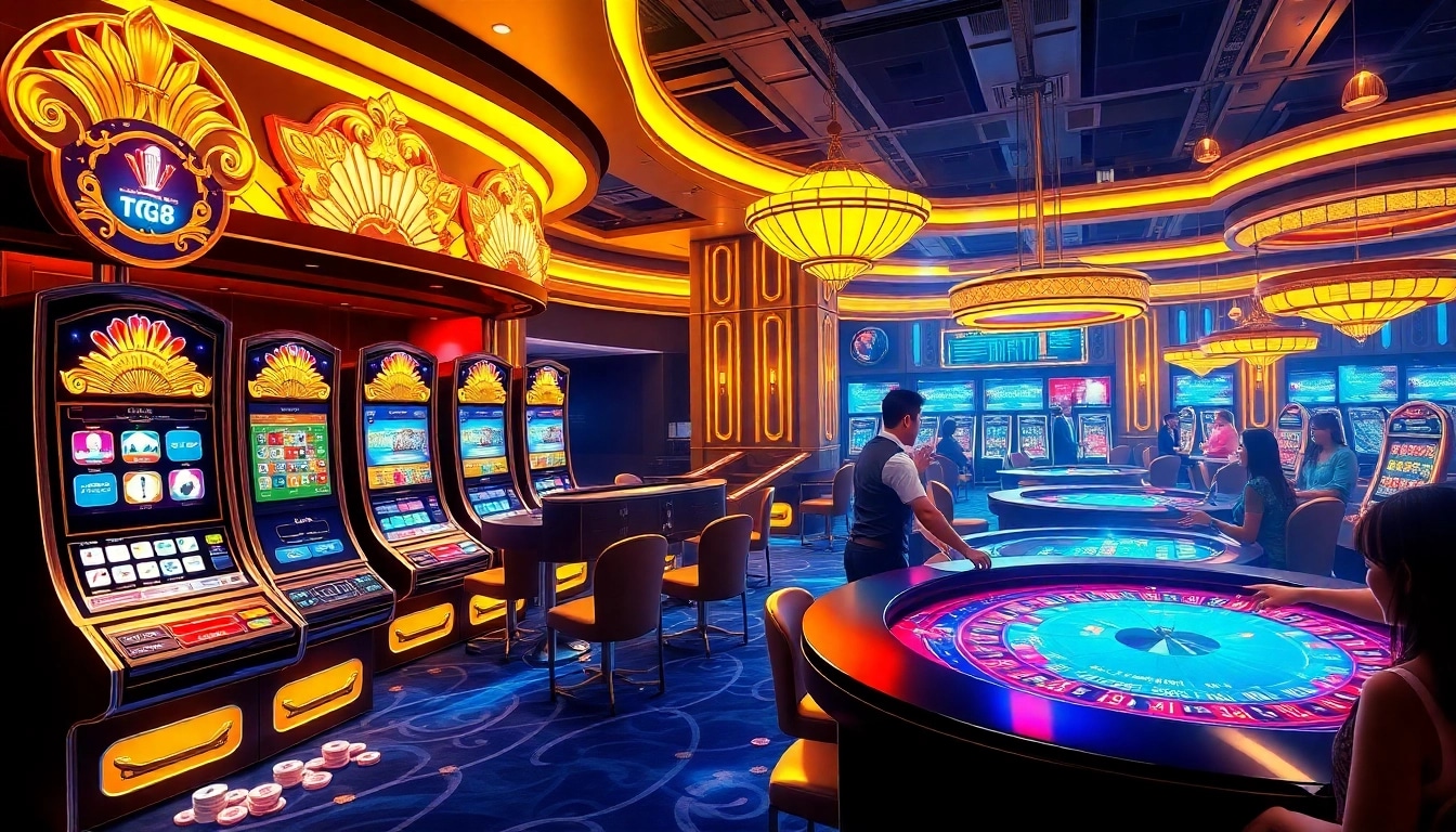 Experience the excitement of TG88 with players winning at luxurious casino tables and engaging slot machines.