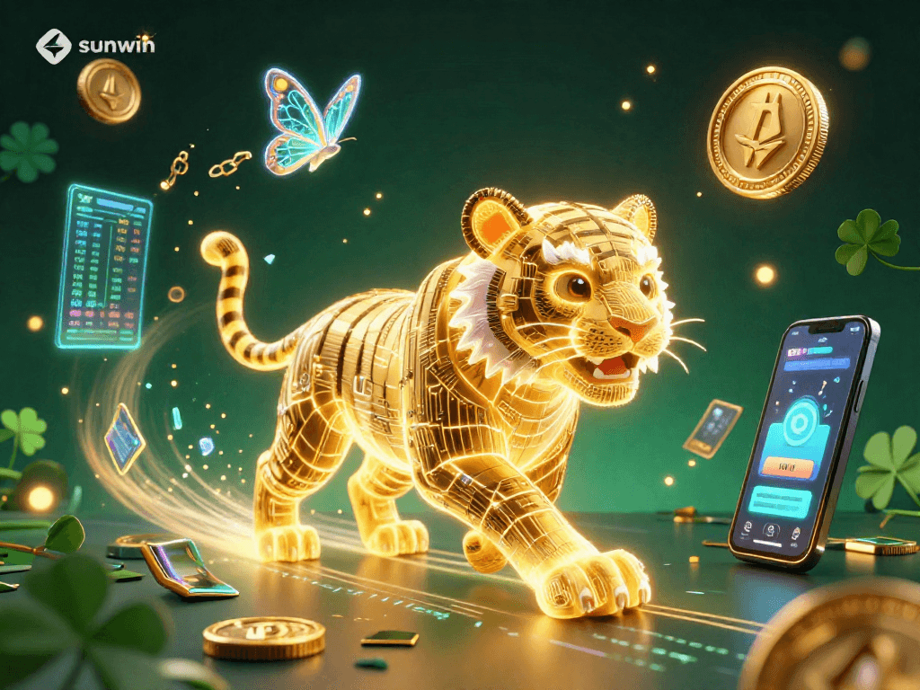 Experience the thrilling world of sunwin in this vibrant digital casino landscape, featuring a powerful golden tiger and crypto elements.