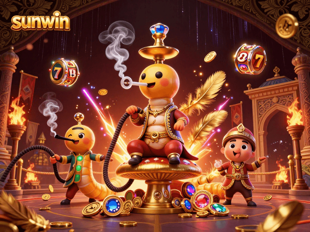 Experience thrilling gameplay at sunwin with a vibrant casino scene featuring a caterpillar hookah-master.