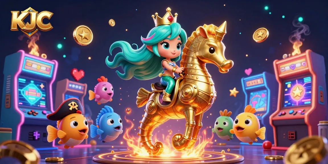 KJC brings a vibrant casino experience with a mermaid princess and her golden armored seahorse amidst dynamic gaming elements.
