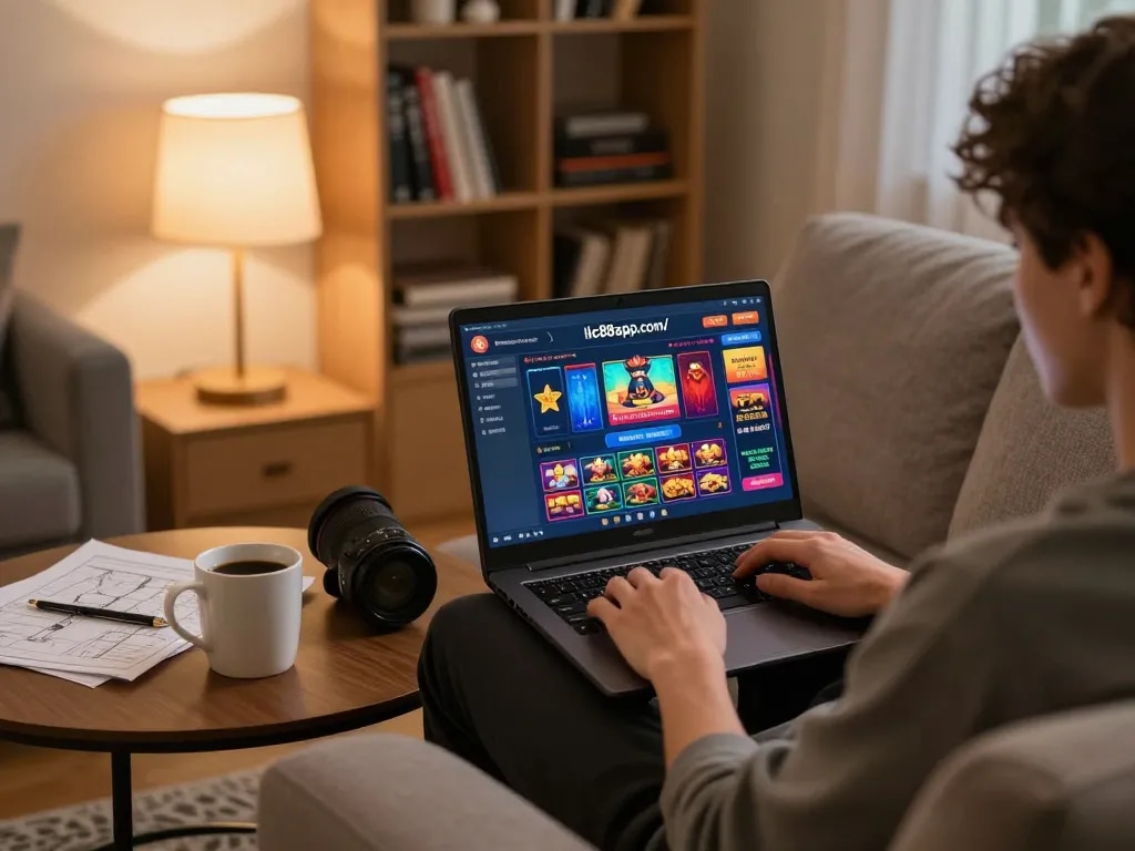 Player engaging with https://lc88app.com/ online casino games in a cozy living room, showcasing strategic gameplay.