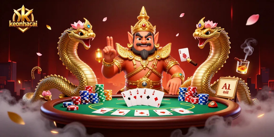 Engage in thrilling bets with keonhacai at a vibrant poker scene featuring a guardian and Naga companions.