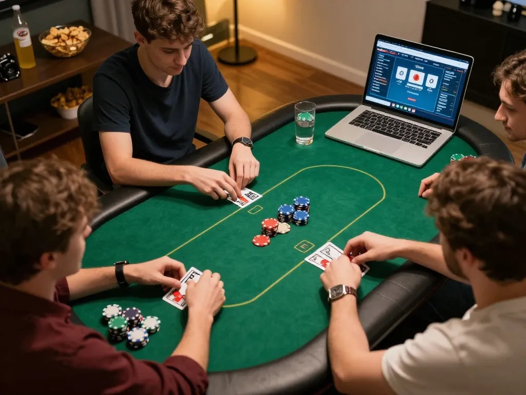Kenzototo login screens displayed during a lively online poker game among friends, showcasing strategic gameplay.