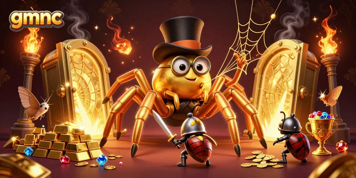 gmnc reveals a scene of adventure with a golden tarantula and beetle knight amidst riches.
