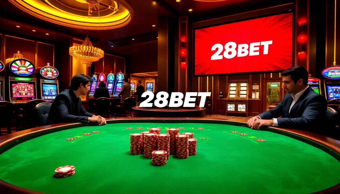 Players engaging in an intense poker game at 28BET casino, showcasing vibrant atmosphere and excitement.