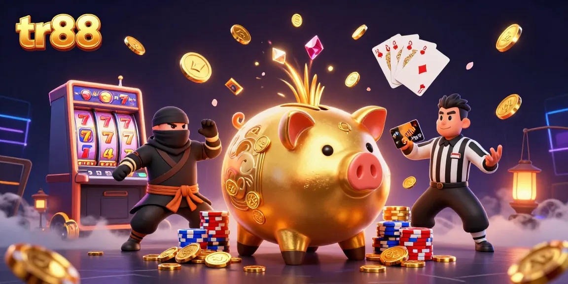 Experience thrilling gaming action at tr88 with a vibrant 3D casino scene featuring the golden piggy bank wrestler and dynamic slot elements.