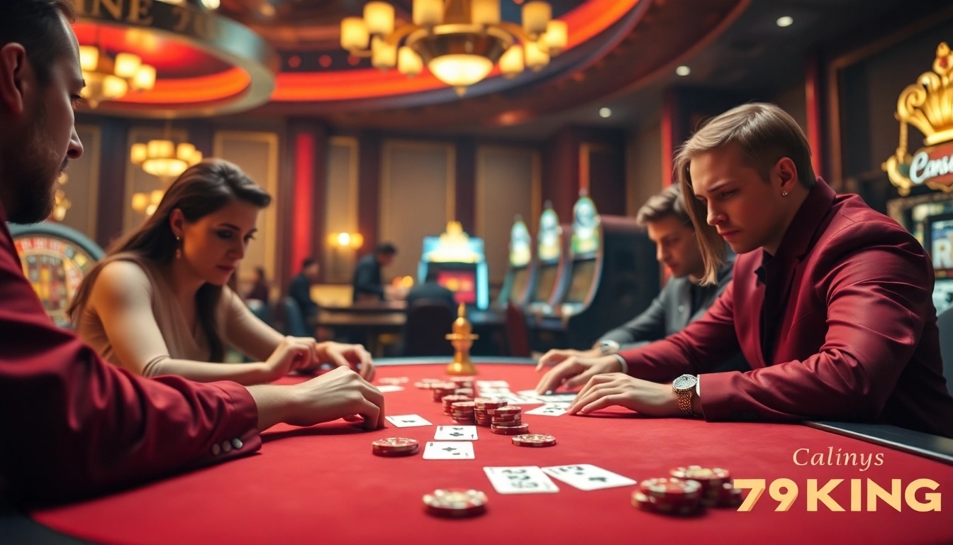 High-stakes poker game in a luxurious casino, showcasing 79KING chips and cards.