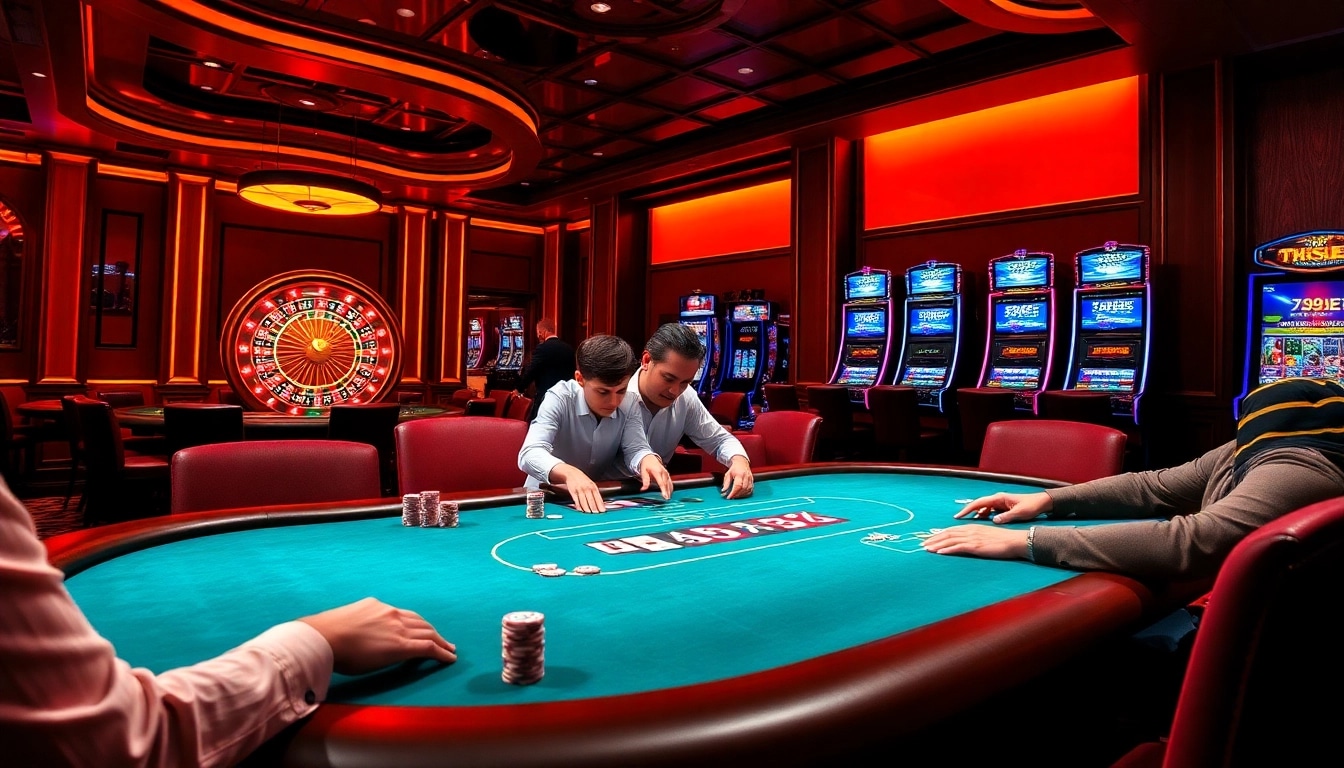 Intense players at a 789 BET poker table with vibrant poker chips and roulette wheel.