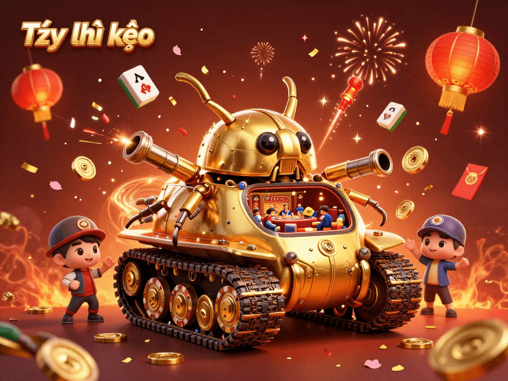 Experience the thrill of Tỷ lệ kèo in an energetic casino scene with a golden beetle tank and festive elements.
