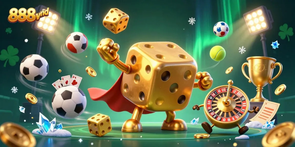 Experience thrilling action with 888vnd's vibrant golden dice golem and dynamic sports elements.