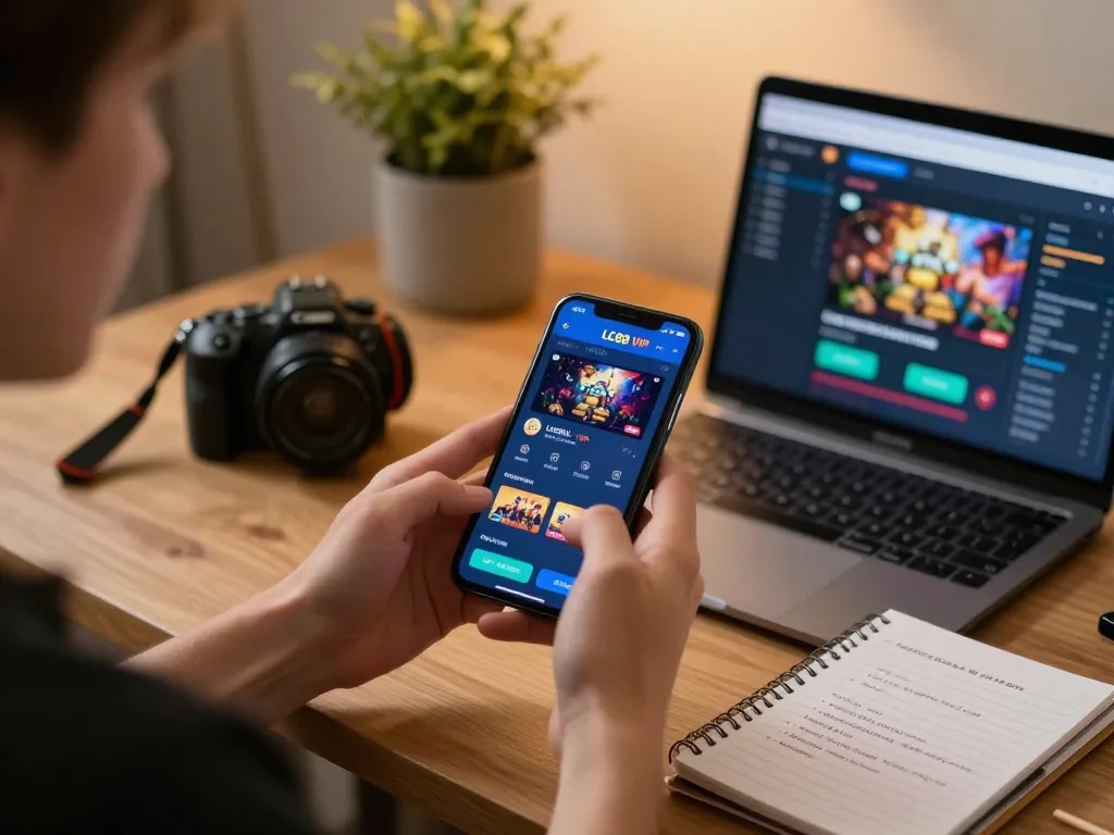 Engaging in LC88 VIP mobile gaming in a cozy home environment, showcasing a smartphone with game interface