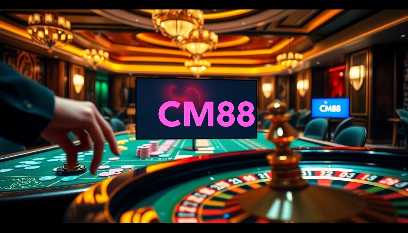 Experience high-stakes gaming at CM88 with a luxurious poker table and vibrant casino atmosphere.