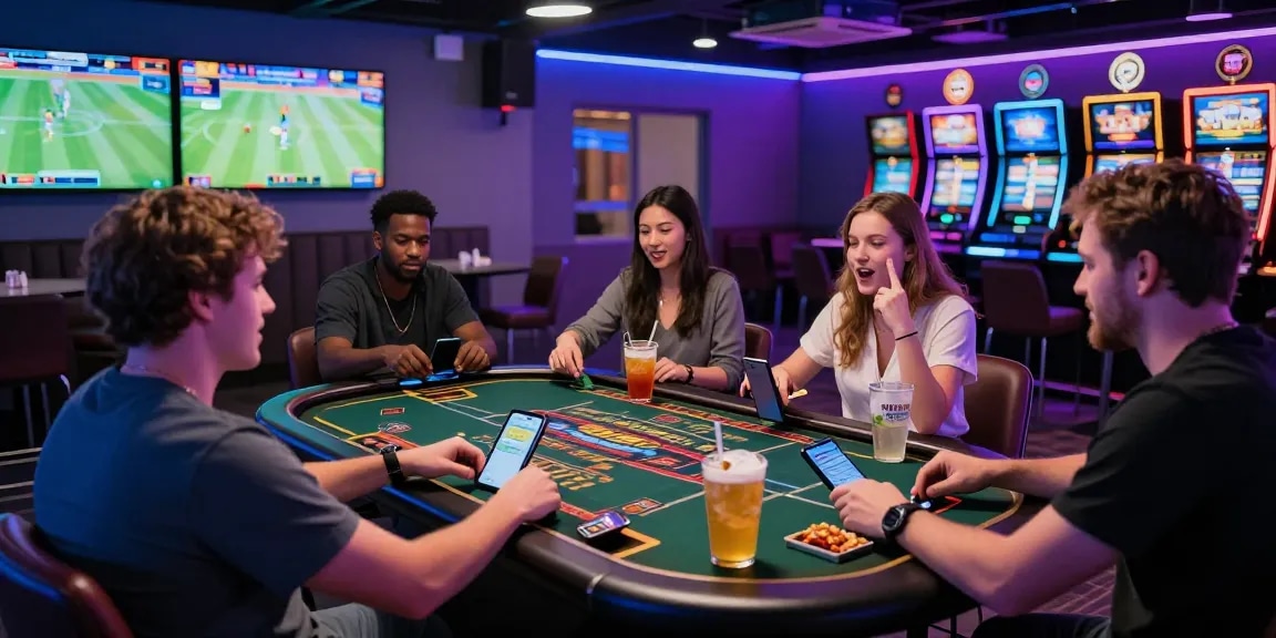 Players enjoying bbl555.com in a modern gaming lounge, showcasing sports betting and live dealer interactions, creating a vibrant gambling atmosphere.