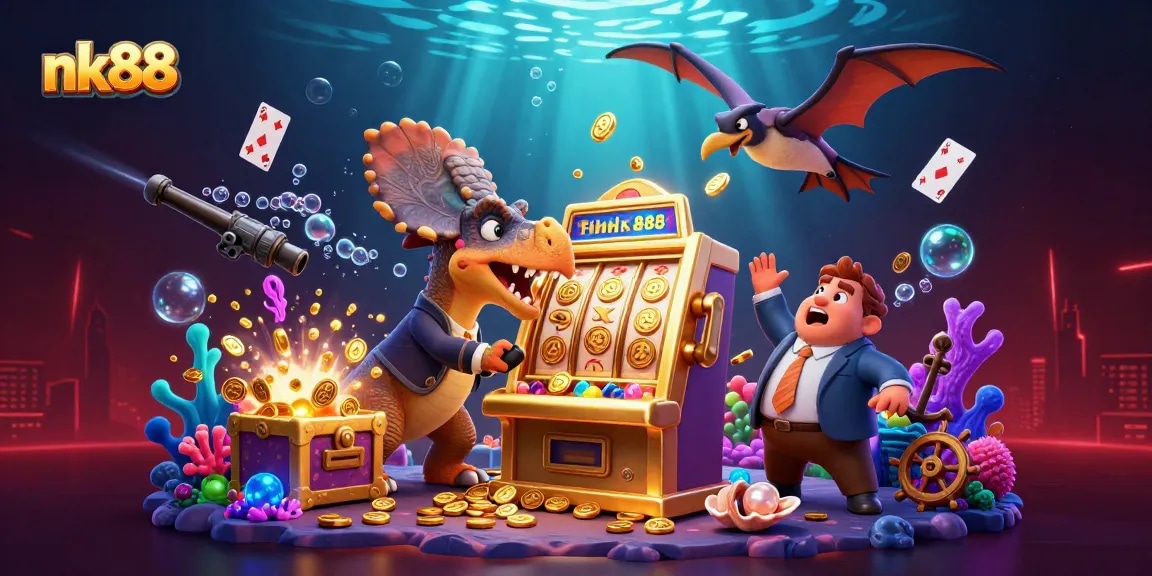 nk88 slot machine pays out as cartoon dinosaurs celebrate jackpot win with flying coins