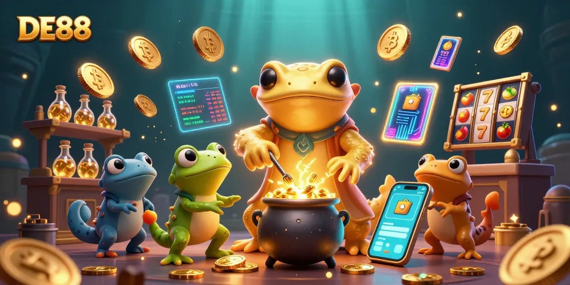Transmute coins and jackpots with the enchanting DE88 alchemist in a vibrant 3D illustration.