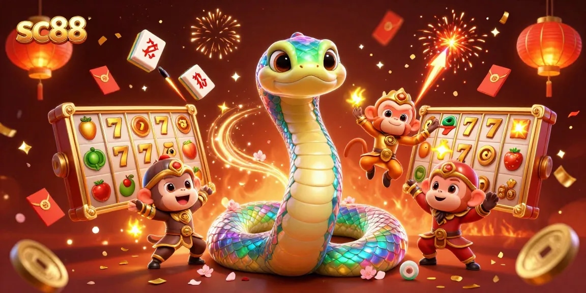 Spin and win at sc88 with vibrant slot reels and a rainbow serpent in a festive casino scene.