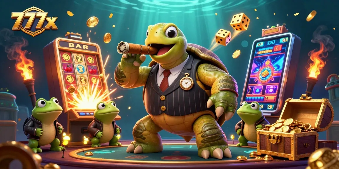 Win big with 777x featuring a mobster turtle and bullfrog enforcers at a dynamic casino scene.