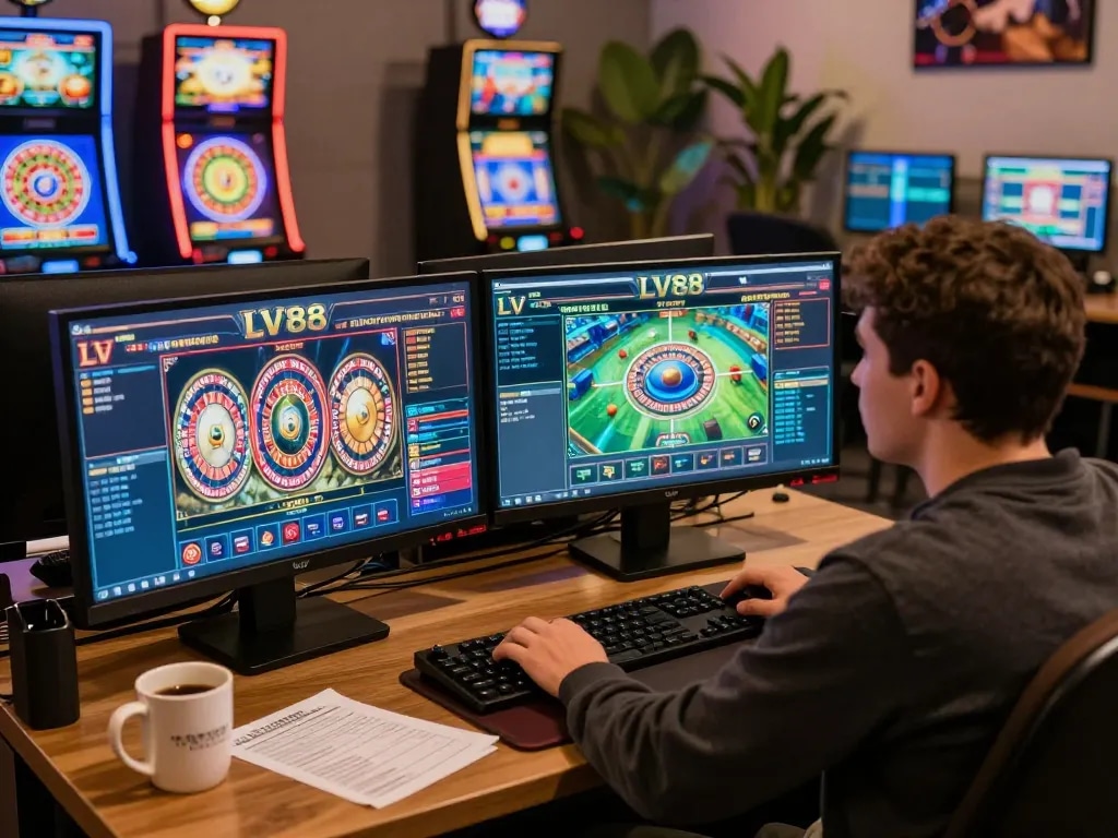 Gamers enjoying LV 88 online slots and casino tables in a cozy home setting.