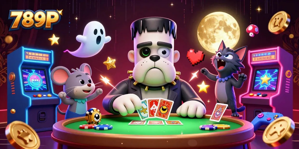 Engage with thrilling card games at 789P with a 3D cartoon illustration of unique casino characters.