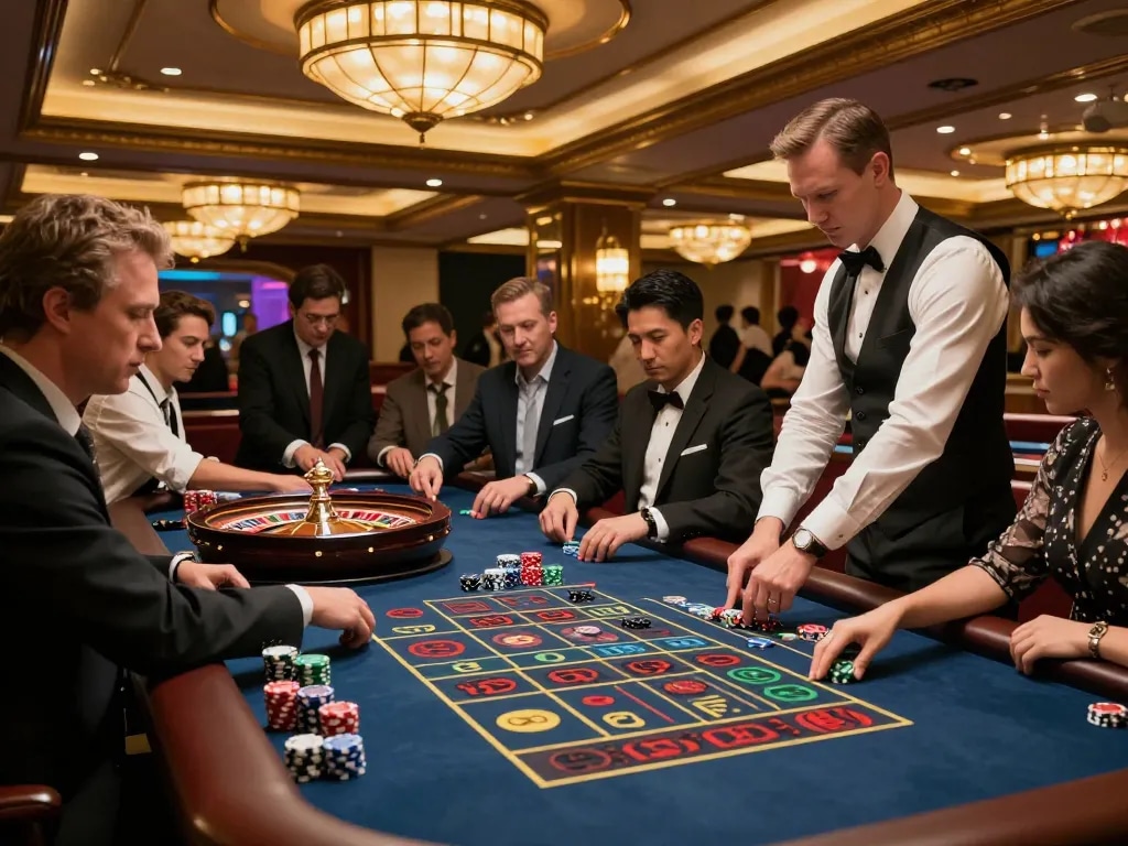 Players engaging at roulette table in vibrant s666 casino atmosphere, dynamic betting action.