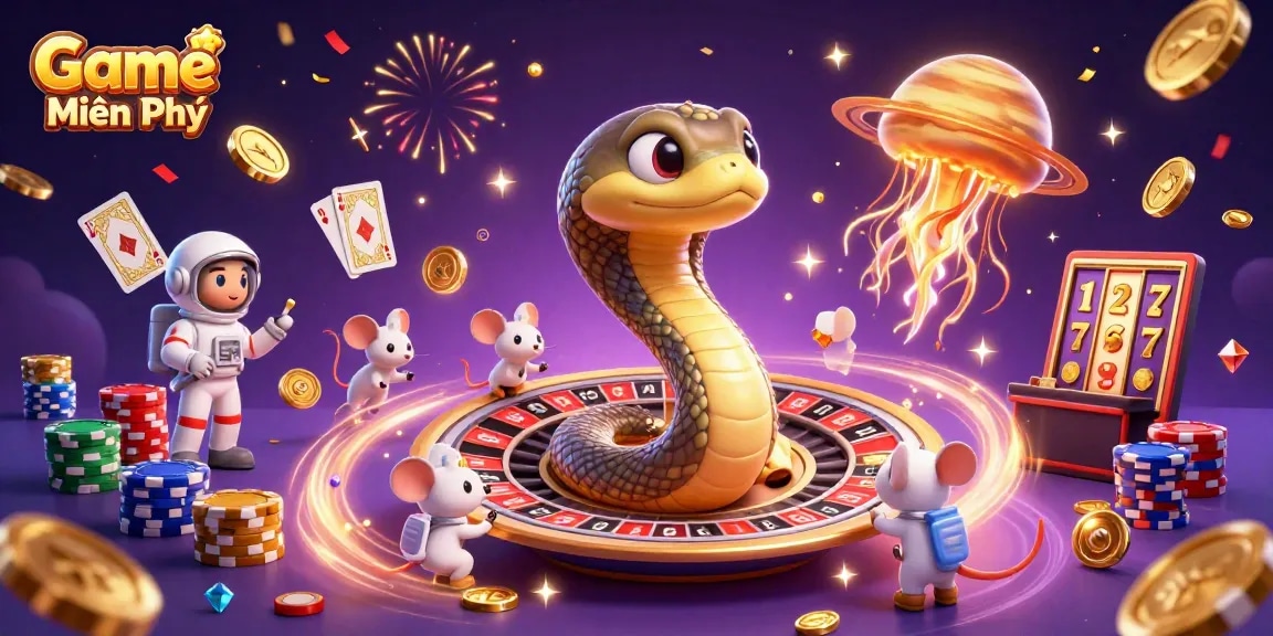 Experience the thrill of Game Miễn Phí with a cosmic roulette wheel and engaging casino elements.