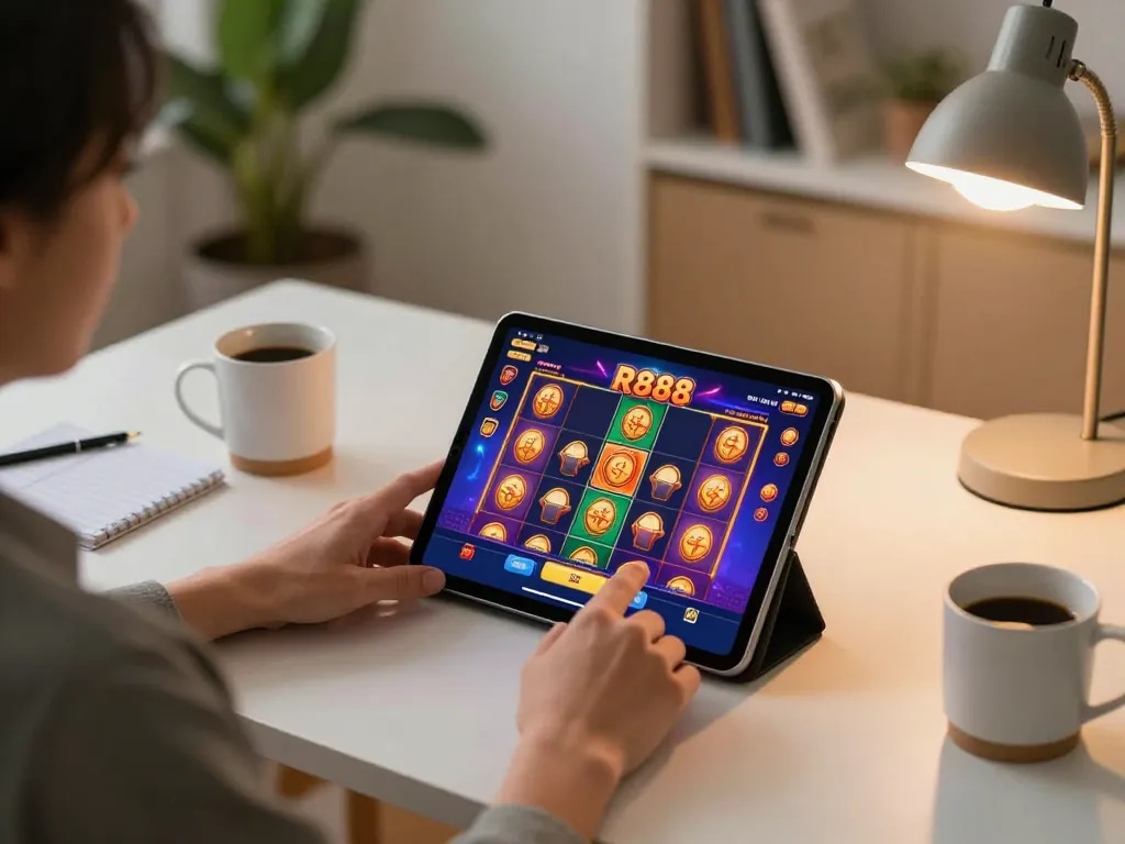 Engage with slot88 resmi apk while enjoying a cozy home gaming setup, using a tablet for vibrant casino games.