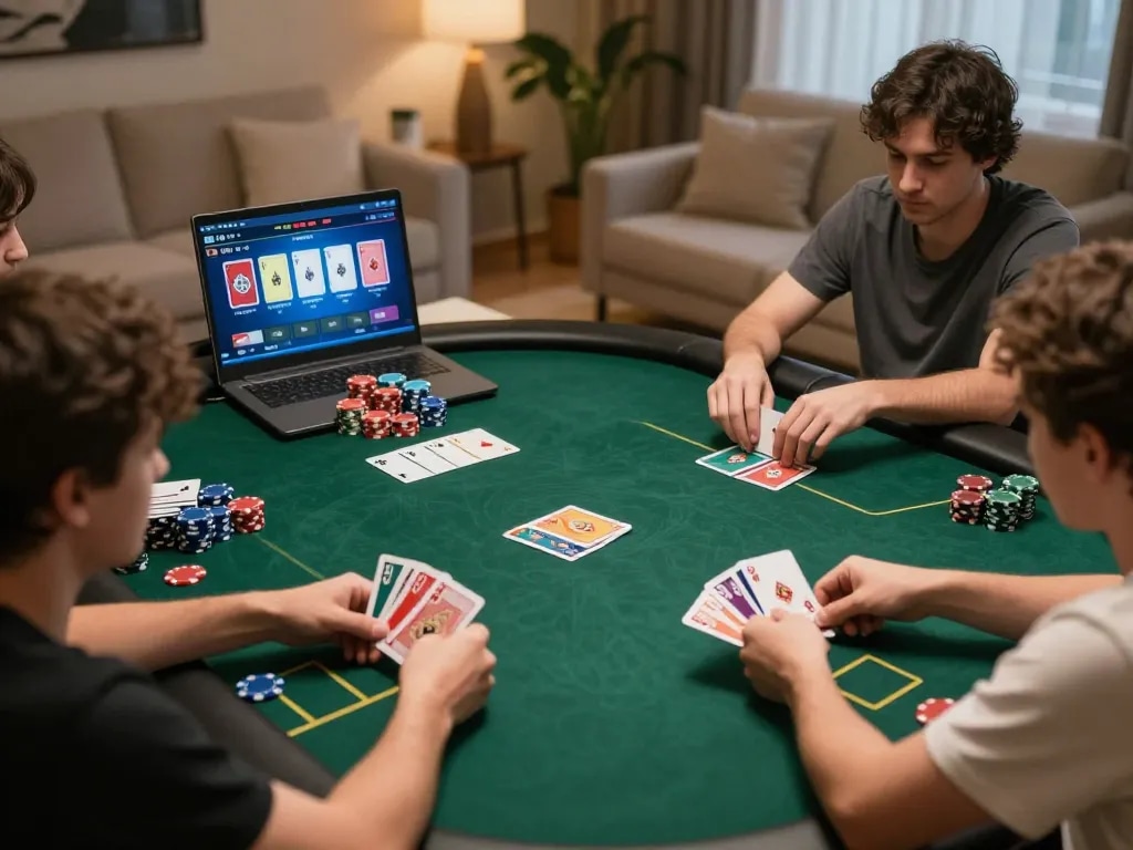 Engaged players enjoying the game 98win at an online poker table in a cozy home setting