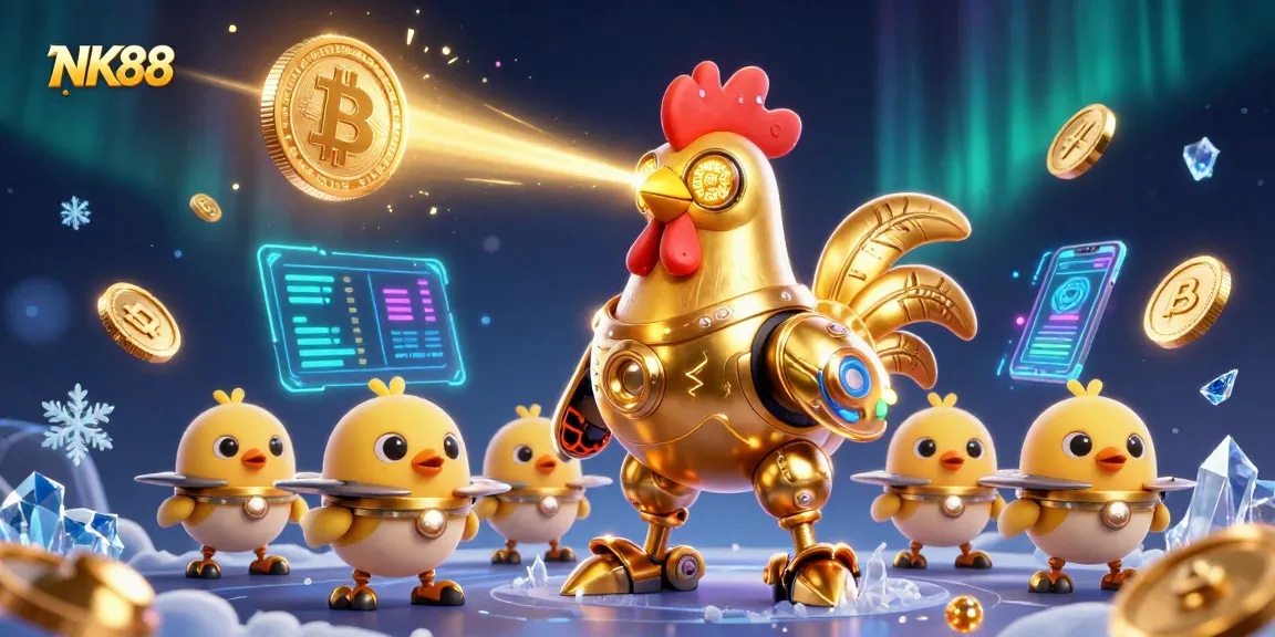 Engage with NK88 through a vibrant 3D cartoon illustration showcasing a golden rooster robot and its chick drones in a dynamic casino setting.