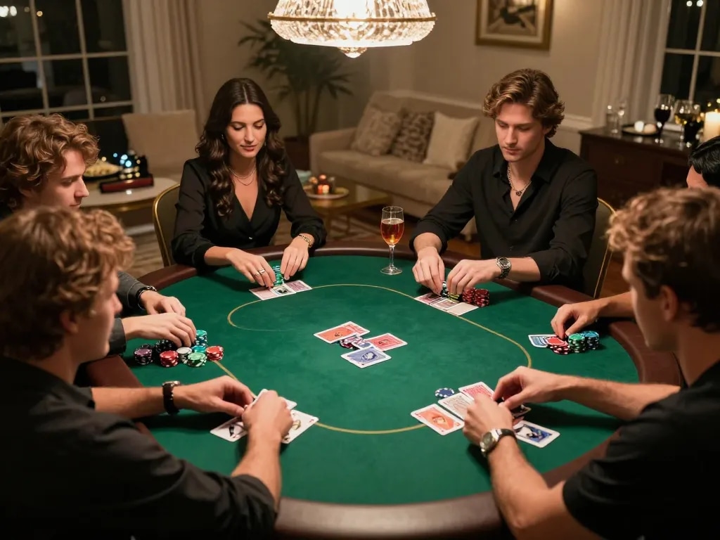 Engaging poker game at home, showcasing social strategy with CM88 COM atmosphere of friendly competition.