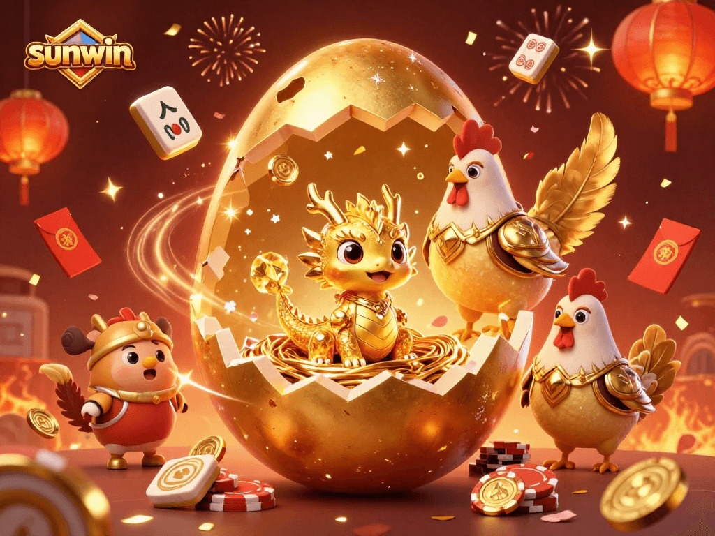 Engage with sunwin as a dazzling golden dragon rises from a poker chip nest surrounded by festive gambling elements.