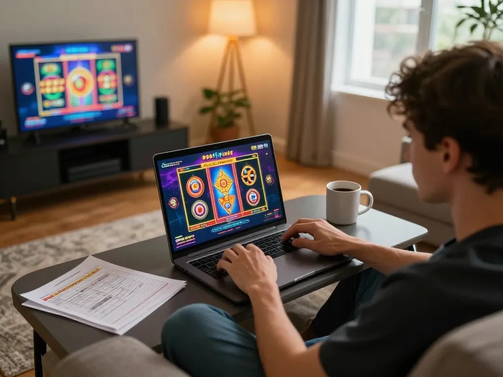 Player immersing in exciting slot games on 789f platform with relaxed home setting
