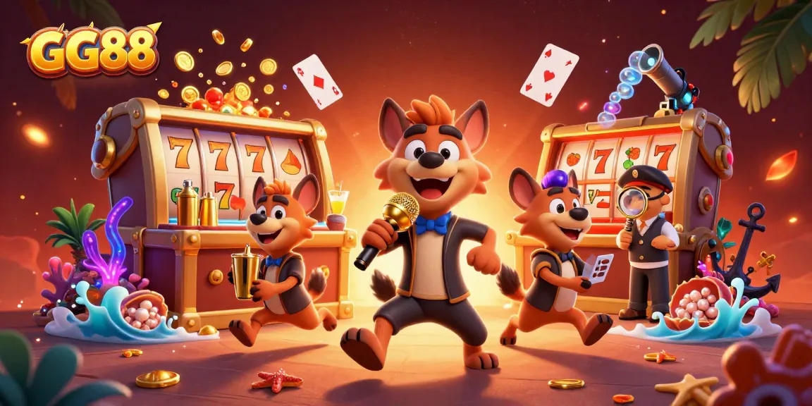GG88 hyenas in a comedy casino club, with lively details including slot machines and gold coins.