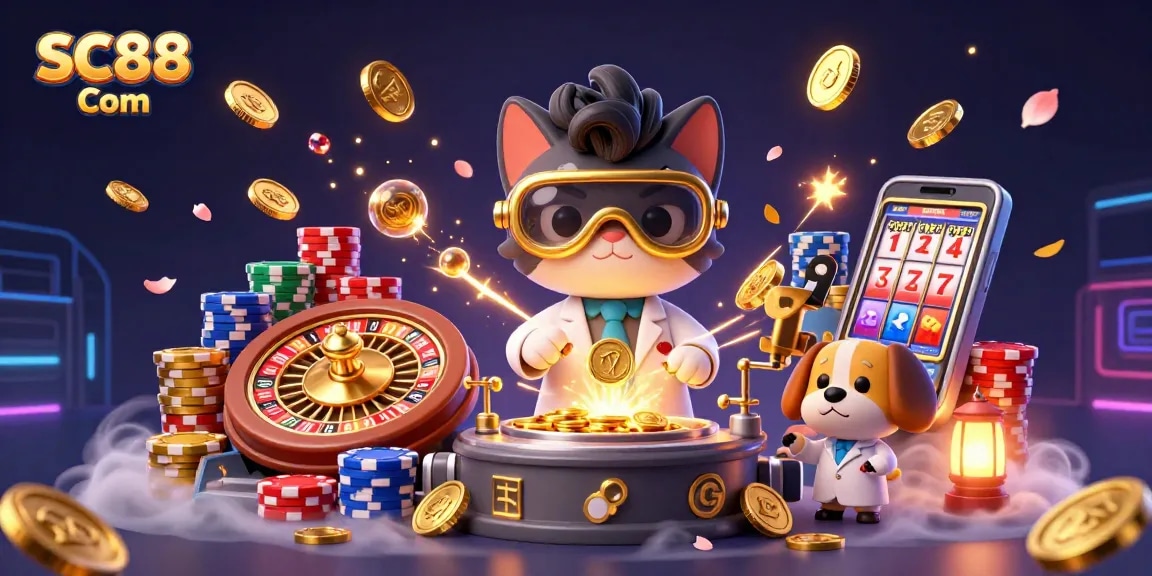 Experience SC88 Com with a cartoon mad scientist cat creating jackpot magic amidst cascading coins and games.