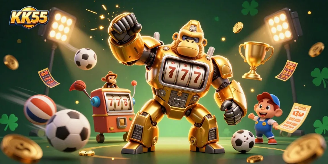 Experience thrilling action at KK55 with a vibrant 3D casino scene featuring a golden gorilla mech.