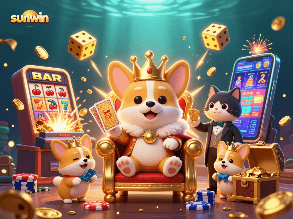 Spin for big wins with sunwin's vibrant casino scene featuring a royal corgi and slot machine delights!