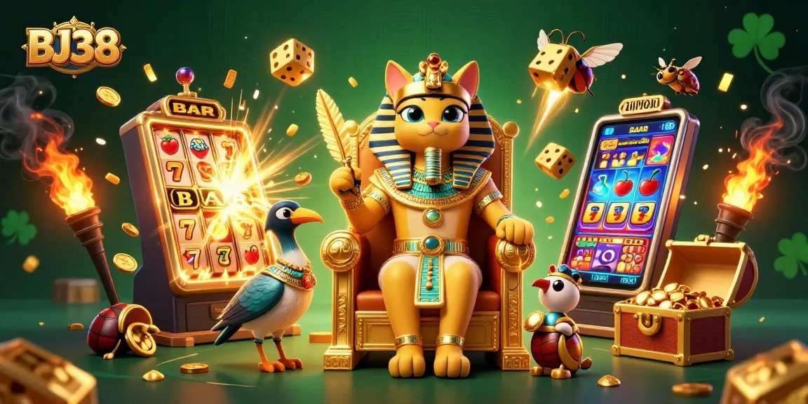 Experience exciting gameplay at BJ38 with a pharaoh-themed casino scene filled with treasures and slot machines.