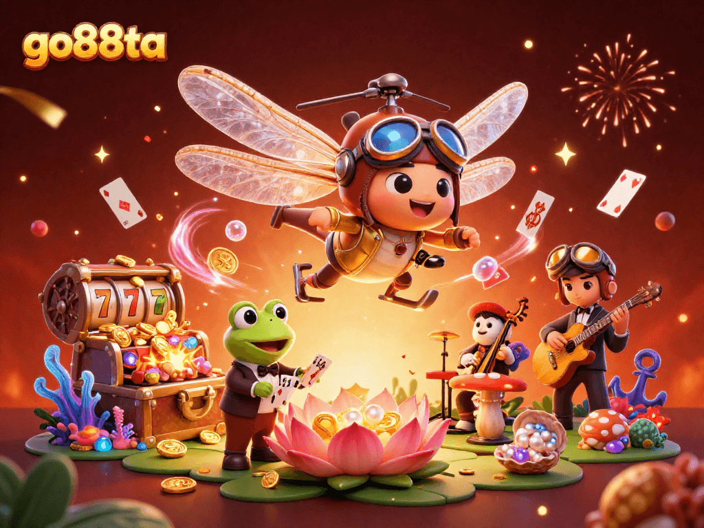 Play slots and win big at go88ta's vibrant lily pad casino with a dragonfly pilot and frog croupier.