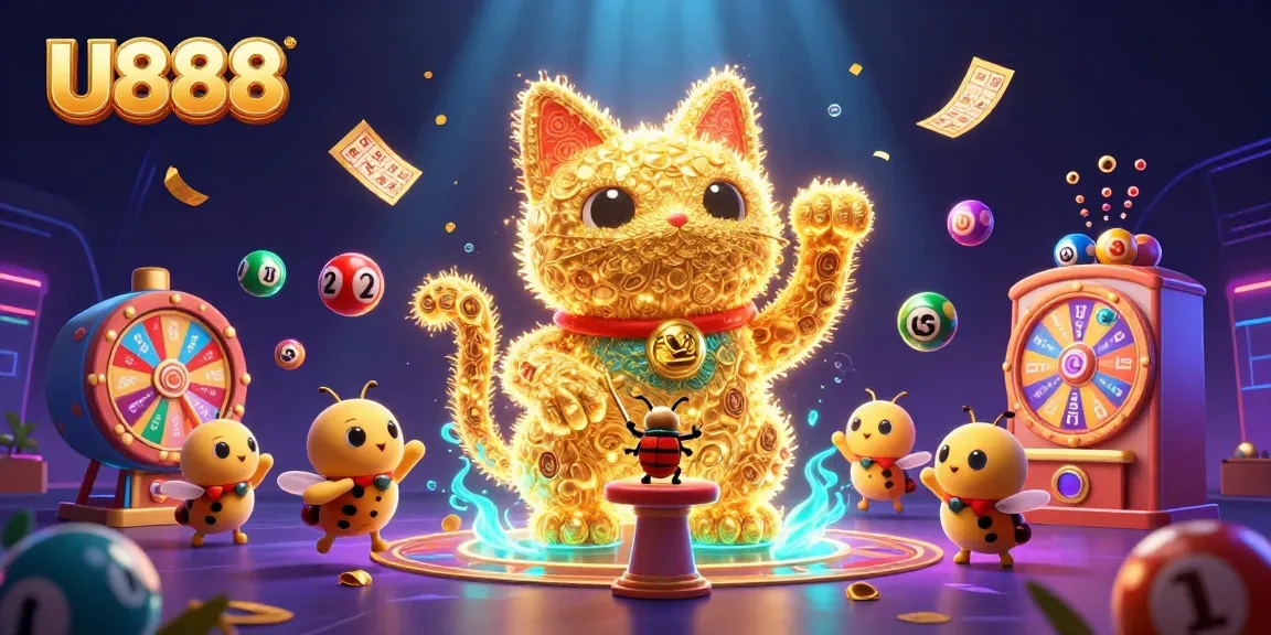 Experience the excitement of U888 with a vibrant 3D illustration showcasing casino elements and lucky symbols.