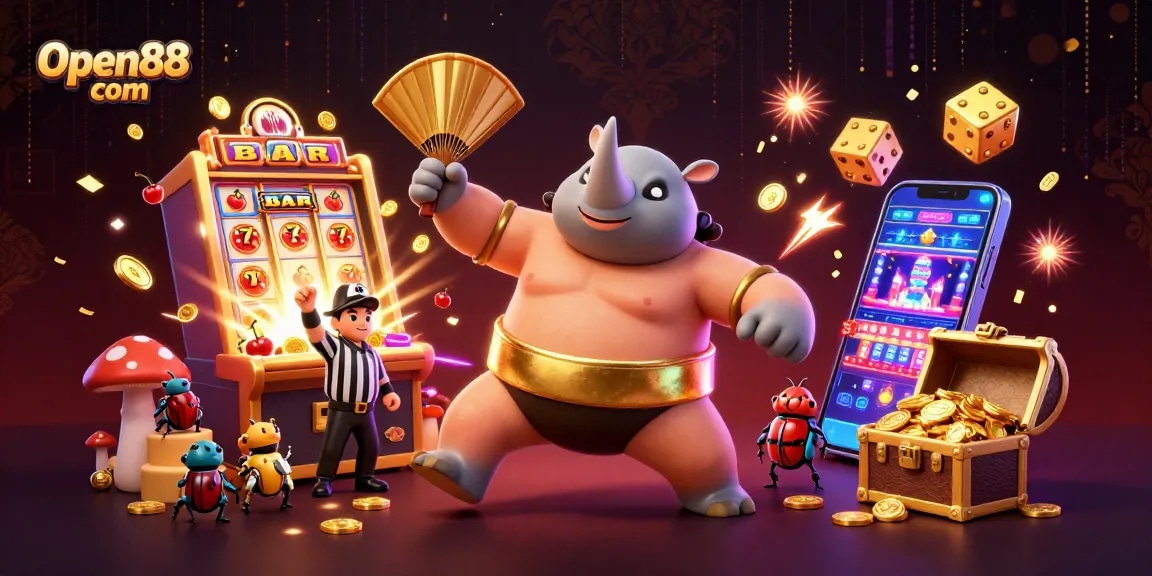 Win at Open88 com with vibrant casino elements and exciting characters in a colorful gaming scene.