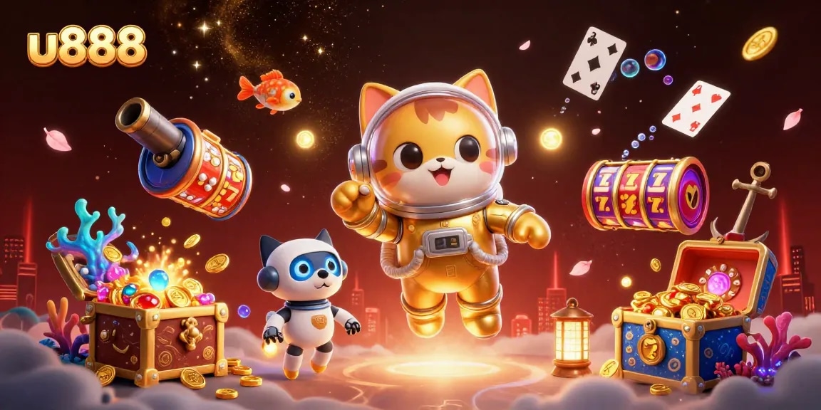 Join the fun at u888 with dynamic slot reels and gold coins in this vibrant gaming scene.