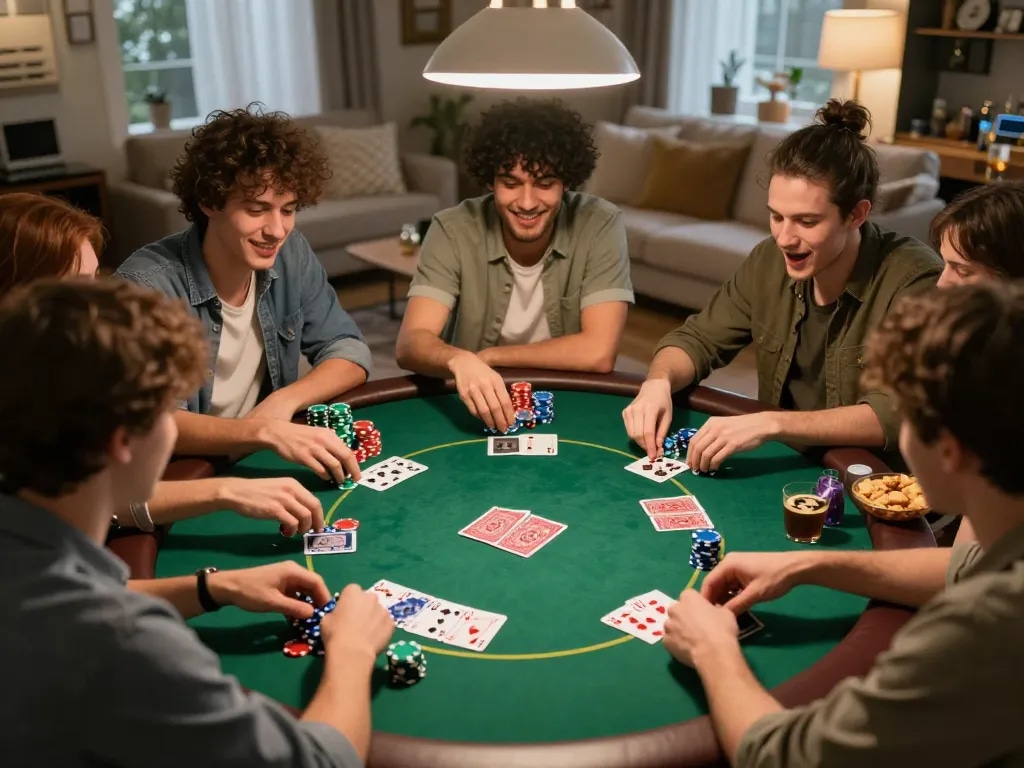 Players enjoying a lively poker game at home, showcasing strategic moves and camaraderie around the table, 79king.