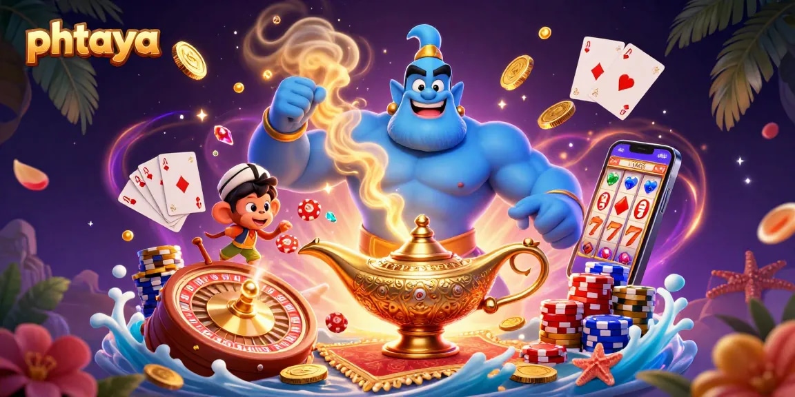 PHTAYA players embrace thrilling casino action amidst flying coins and vibrant game elements.